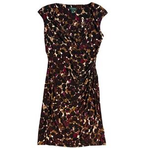 Lauren Ralph Lauren Abstract Dot Ruched Surplice Sheath Dress Burgundy Tan 10